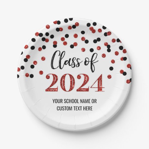 Black Red Confetti Graduation 2024 Paper Plates