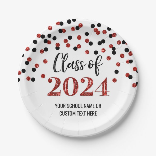 Black Red Confetti Graduation 2024 Paper Plates (Front)