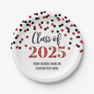 Black Red Confetti Graduation 2025 Paper Plates
