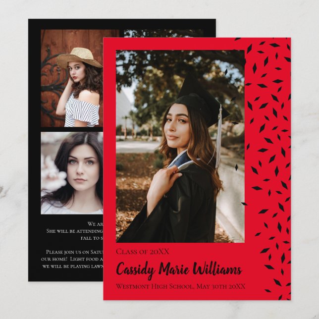 Black Red Confetti Graduation Announcement (Front/Back)