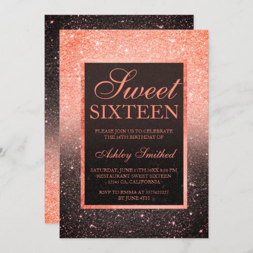 Black red coral glitter elegant chic Sweet 16 Invitation