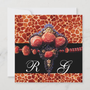 BLACK RED CORAL ROSES,GIRAFFE SKIN MONOGRAM INVITATION