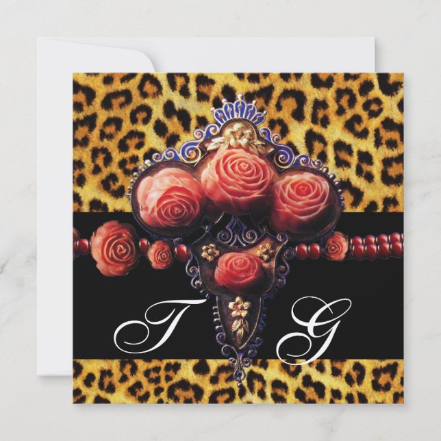 BLACK RED CORAL ROSES,LEOPARD SKIN MONOGRAM INVITATION (Front)