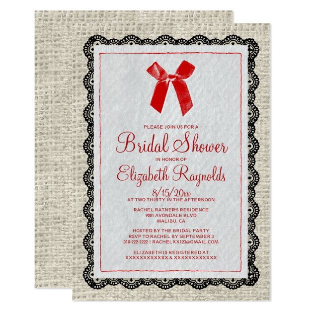 Black Red Country Burlap Bridal Shower Invitations