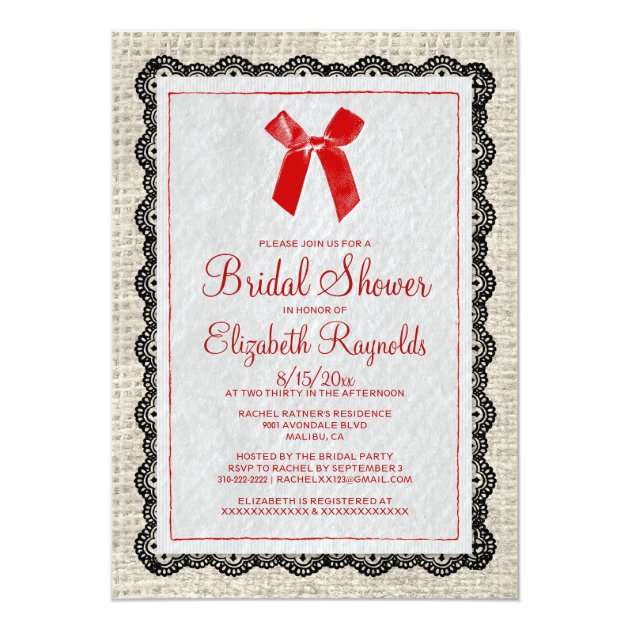 Black Red Country Burlap Bridal Shower Invitations