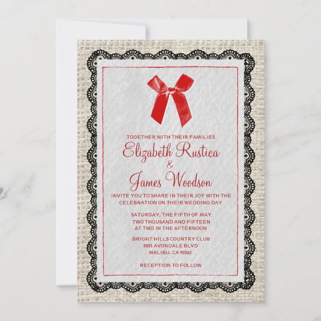Black & Red Country Burlap Wedding Invitations (Front)