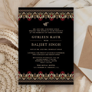 Black Red Cream  Ikat Anand Karaj Sikh Wedding Invitation