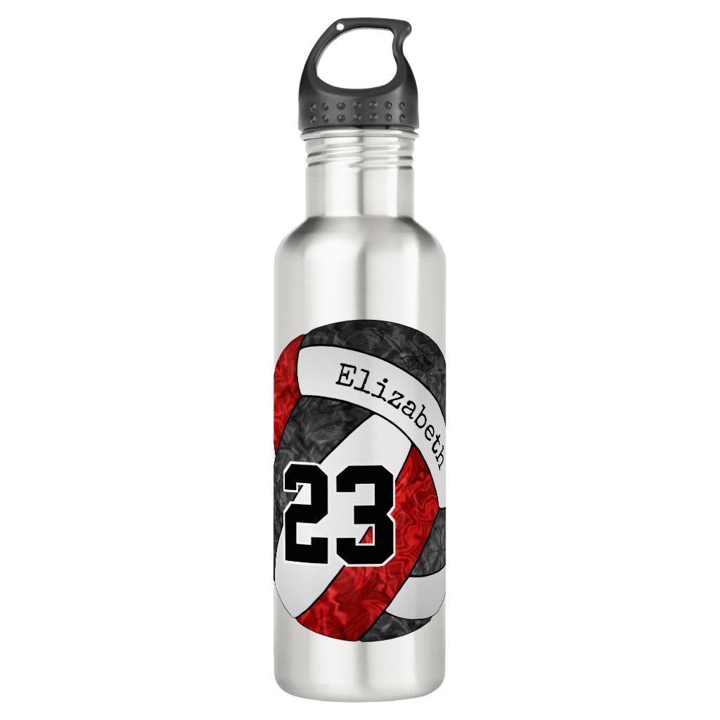 Black red custom name number girls' volleyball stainless steel water bottle