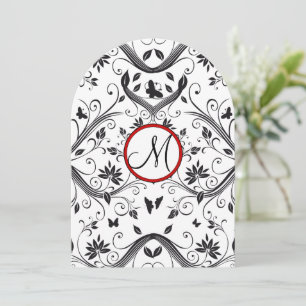 Black Red Damask Butterfly Swirls Red Wedding  Invitation