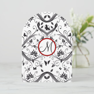 Black Red Damask Butterfly Swirls Red Wedding Invitation
