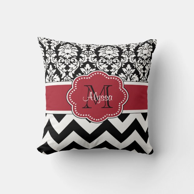 Black Red Damask Chevron Personalized Throw Pillow (Front)