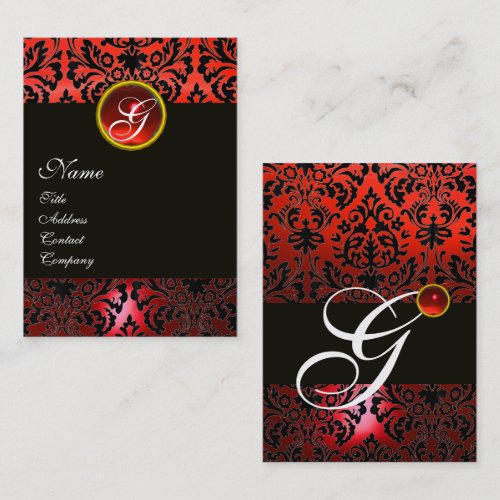 BLACK RED DAMASK MONOGRAM ,Ruby Silver Business Cards
