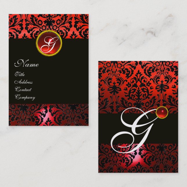BLACK RED DAMASK FLORAL MONOGRAM ,Ruby Gem Business Card (Front/Back)