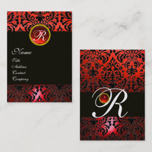 BLACK RED DAMASK FLORAL MONOGRAM,Ruby Gemstone Business Card