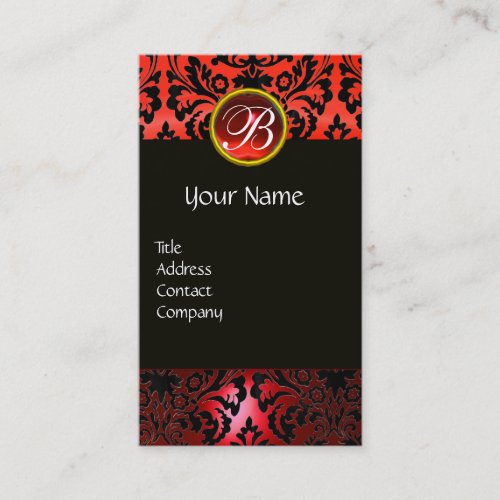 BLACK RED DAMASK FLORAL RED RUBY GEM MONOGRAM BUSINESS CARD