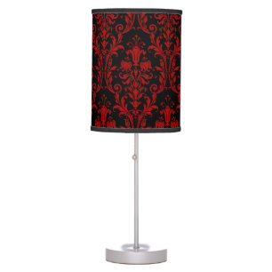 Black & Red Damask Floral Swirls Table Lamp
