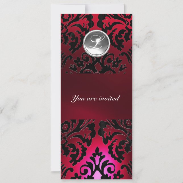 BLACK & RED DAMASK GEM STONE MONOGRAM burgundy Invitation (Front)