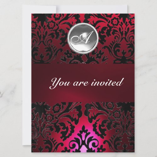 BLACK  RED DAMASK GEM STONE MONOGRAM burgundy Invitation