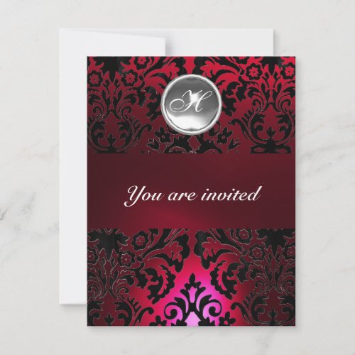 BLACK  RED DAMASK GEM STONE MONOGRAM burgundy Invitation