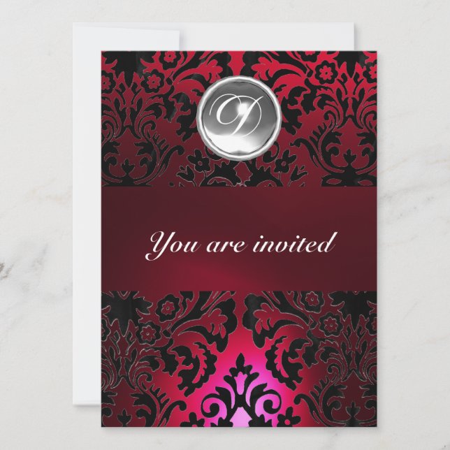 BLACK & RED DAMASK GEM STONE MONOGRAM burgundy Invitation (Front)