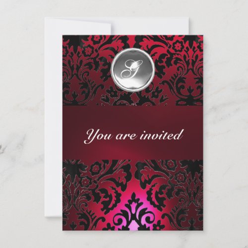 BLACK  RED DAMASK GEM STONE MONOGRAM burgundy Invitation