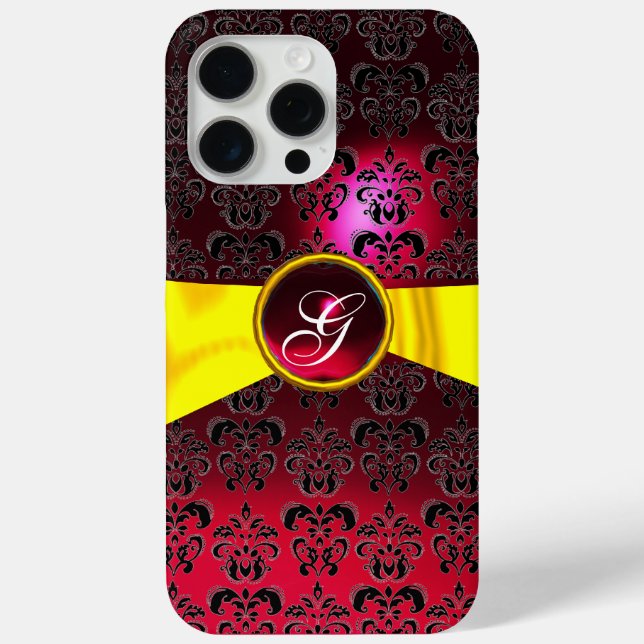 BLACK RED DAMASK MONOGRAM Gold Yellow Ribbon Case-Mate iPhone Case (Back)