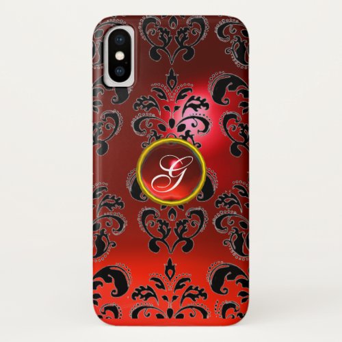 BLACK RED DAMASK RUBY GEMSTONE MONOGRAM iPhone X CASE