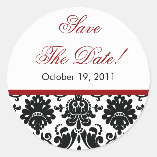 Black & Red Damask Save the Date Wedding Sticker (Front)