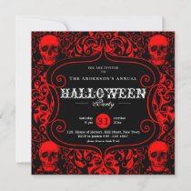 Black Red Damask Skull Custom Halloween Party Invitation