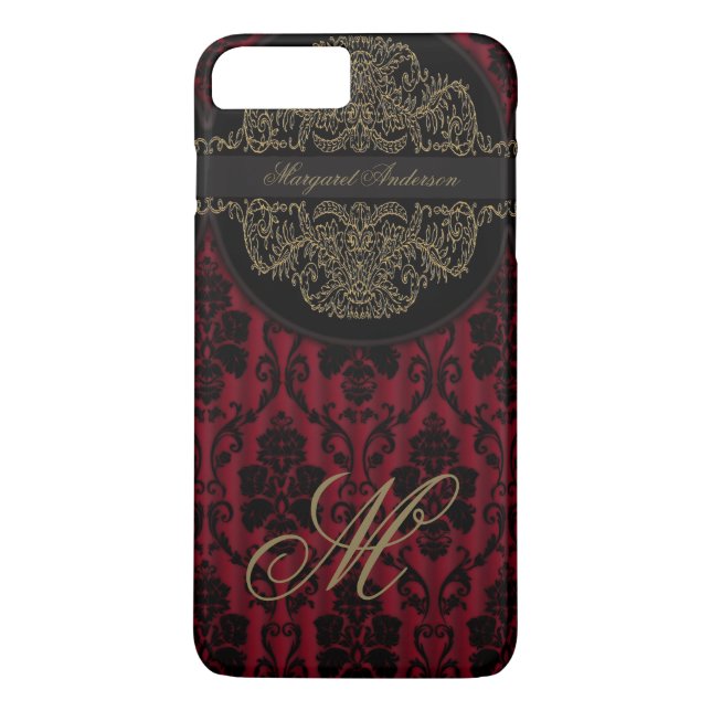 Black Red Damask Victorian Lace Monogram M Case-Mate iPhone Case (Back)