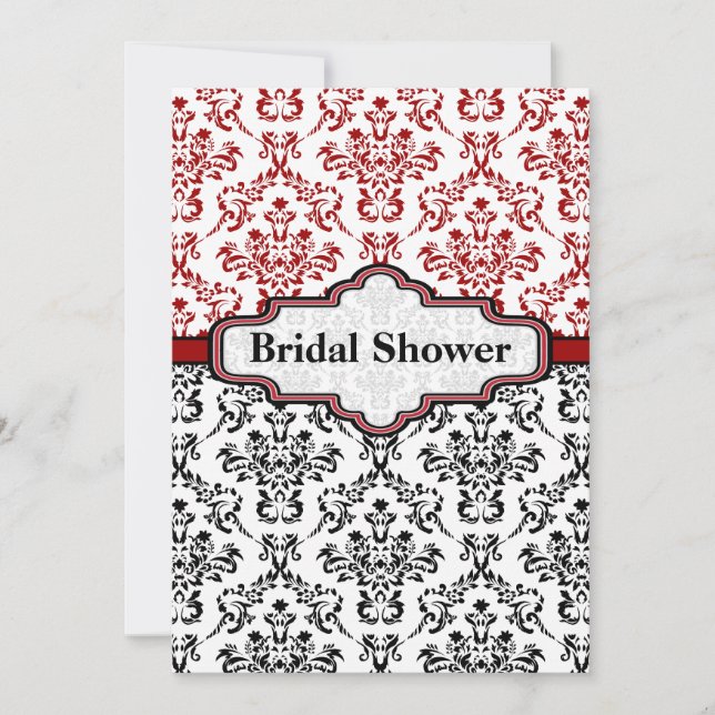 Black red damask wedding bridal shower invitation (Front)