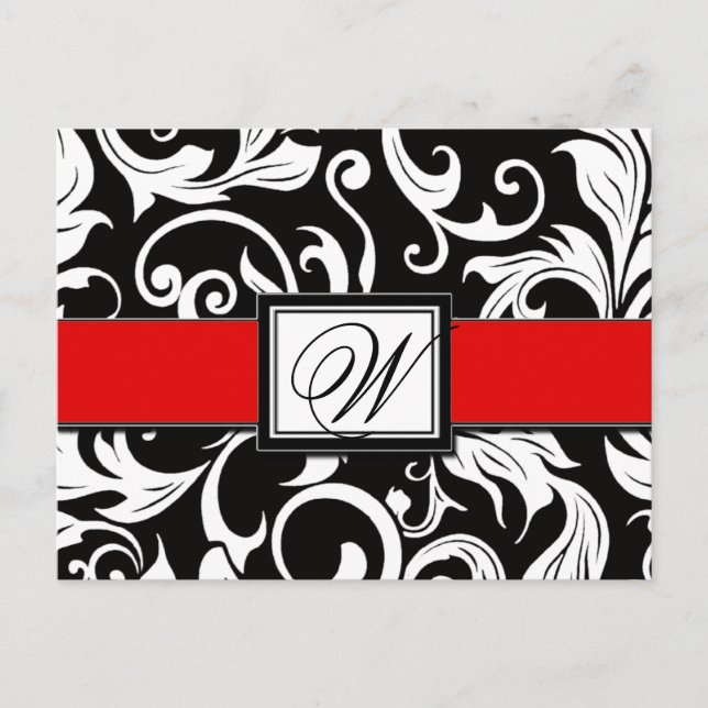 Black & Red Damask Wedding Save the Date Postcards (Front)
