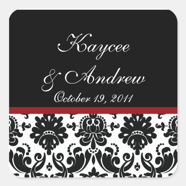 Black & Red Damask Wedding Square Sticker (Front)