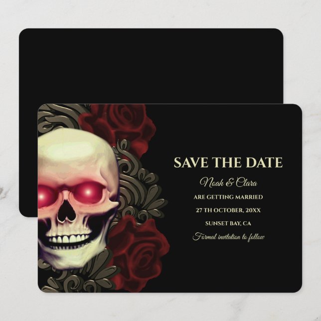 Black red dark moody gothic skull hallowedding save the date (Front/Back)