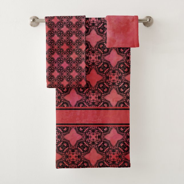Black & Red Diamond Chains Pattern Bath Towel Set (Insitu)