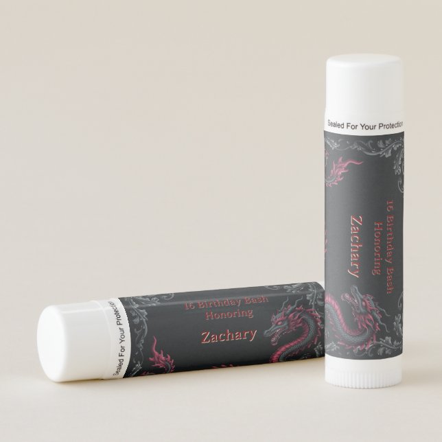 Black Red Dragon Damask Sweet 16 Bash Favor Lip Balm (Front)