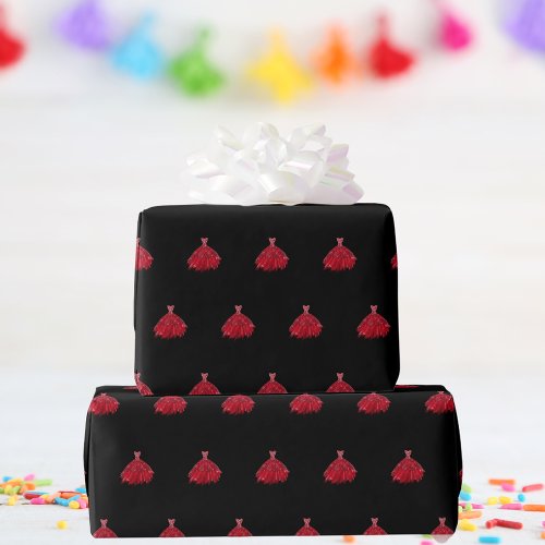Black red dress birthday girl wrapping paper