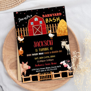 Black Red Farm Animals Birthday Invitations