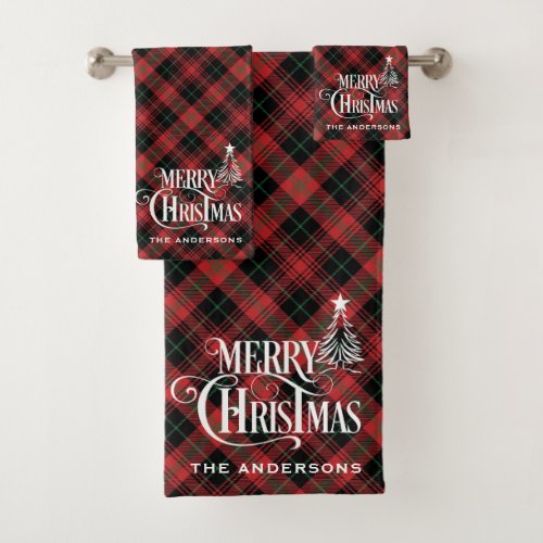 Black Red Farmhouse Christmas Tartan Plaid Custom Bath Towel Set