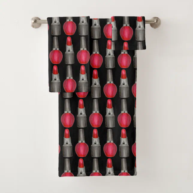 Black Red Fashionista Lipstick Nail Polish Makeup Bath Towel Set (Insitu)