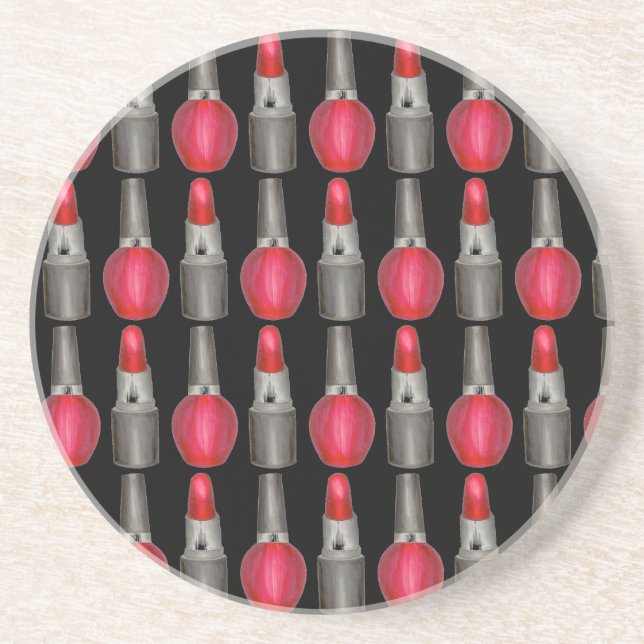 Black Red Fashionista Lipstick Nail Polish Makeup Drink Coaster (Front)