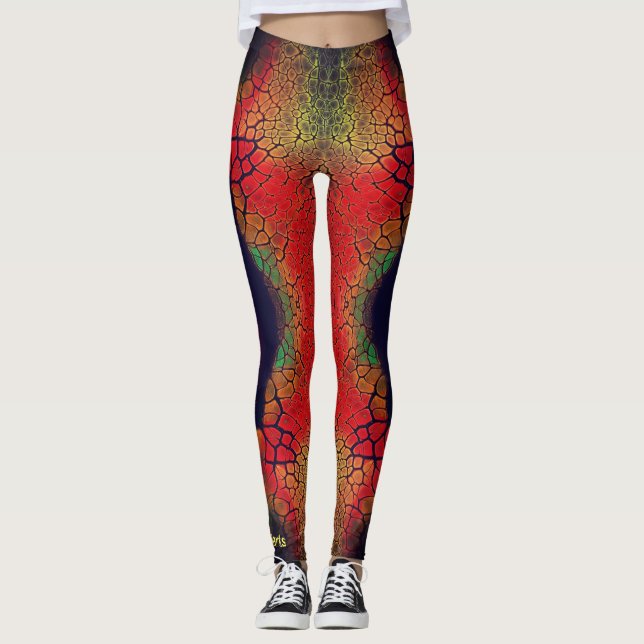 BLACK RED FIERY DRAGON SKIN SCALES LEGGINGS (Front)