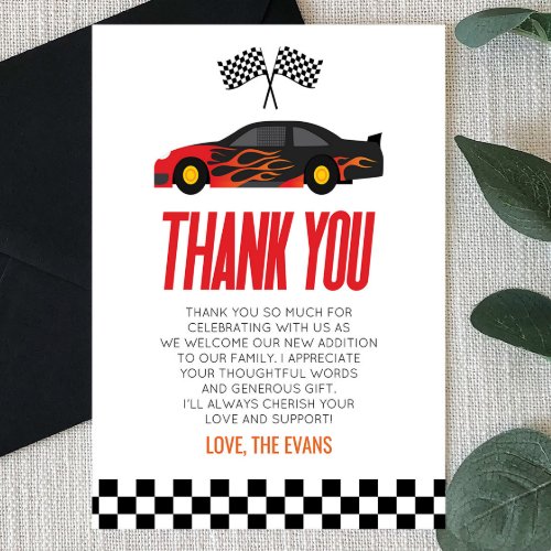 Black Red Flame Racecar Race Car Baby Shower Thank You Card