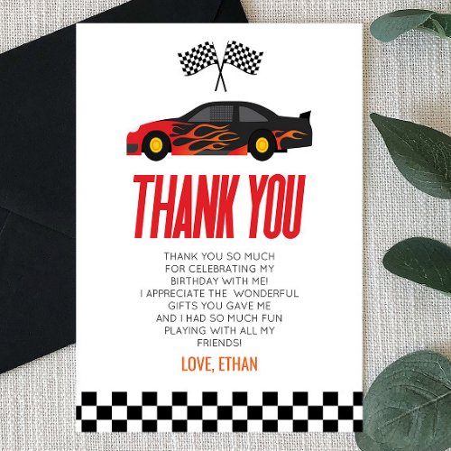 Black Red Flame Racecar Race Car Birthday Party Thank You Card