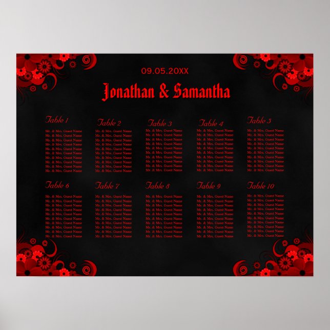 Black & Red Floral 10 Wedding Tables Seating Chart (Front)