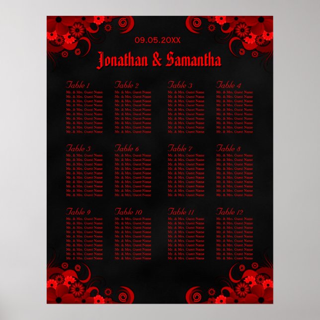 Black & Red Floral 12 Wedding Table Seating Chart (Front)