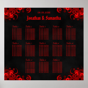 Black & Red Floral 13 Wedding Tables Seating Chart