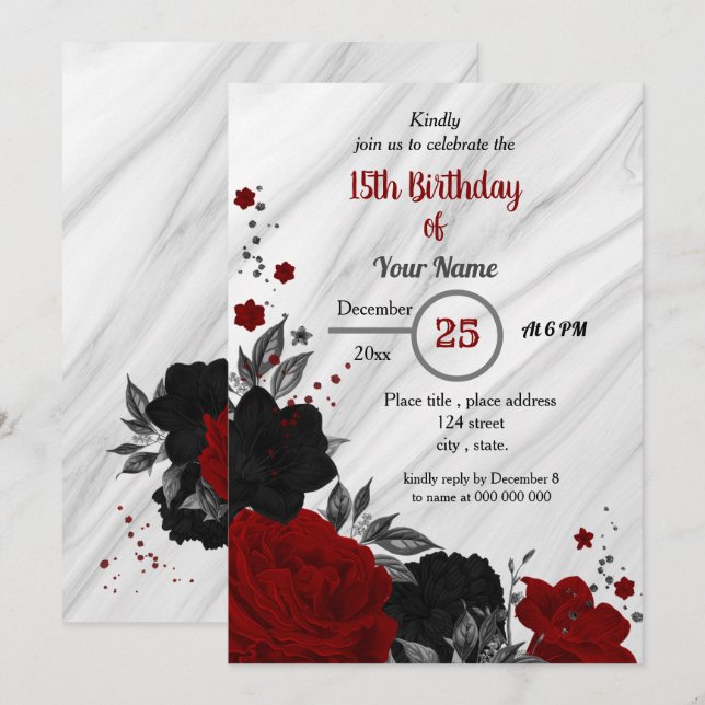 Black & red floral birthday party invitation (Front/Back)