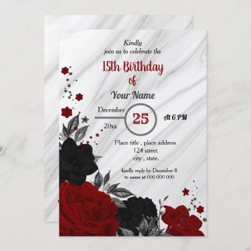 Black  red floral birthday party invitation