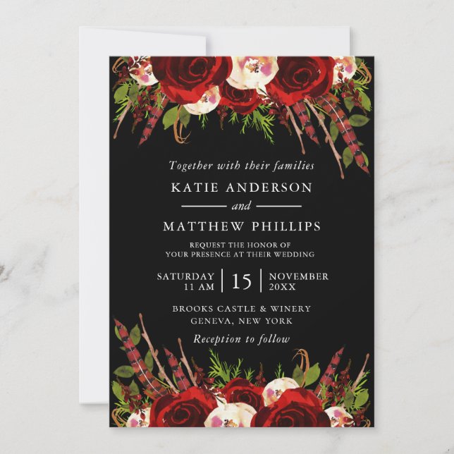 Black Red Floral Boho Wedding Invitation (Front)
